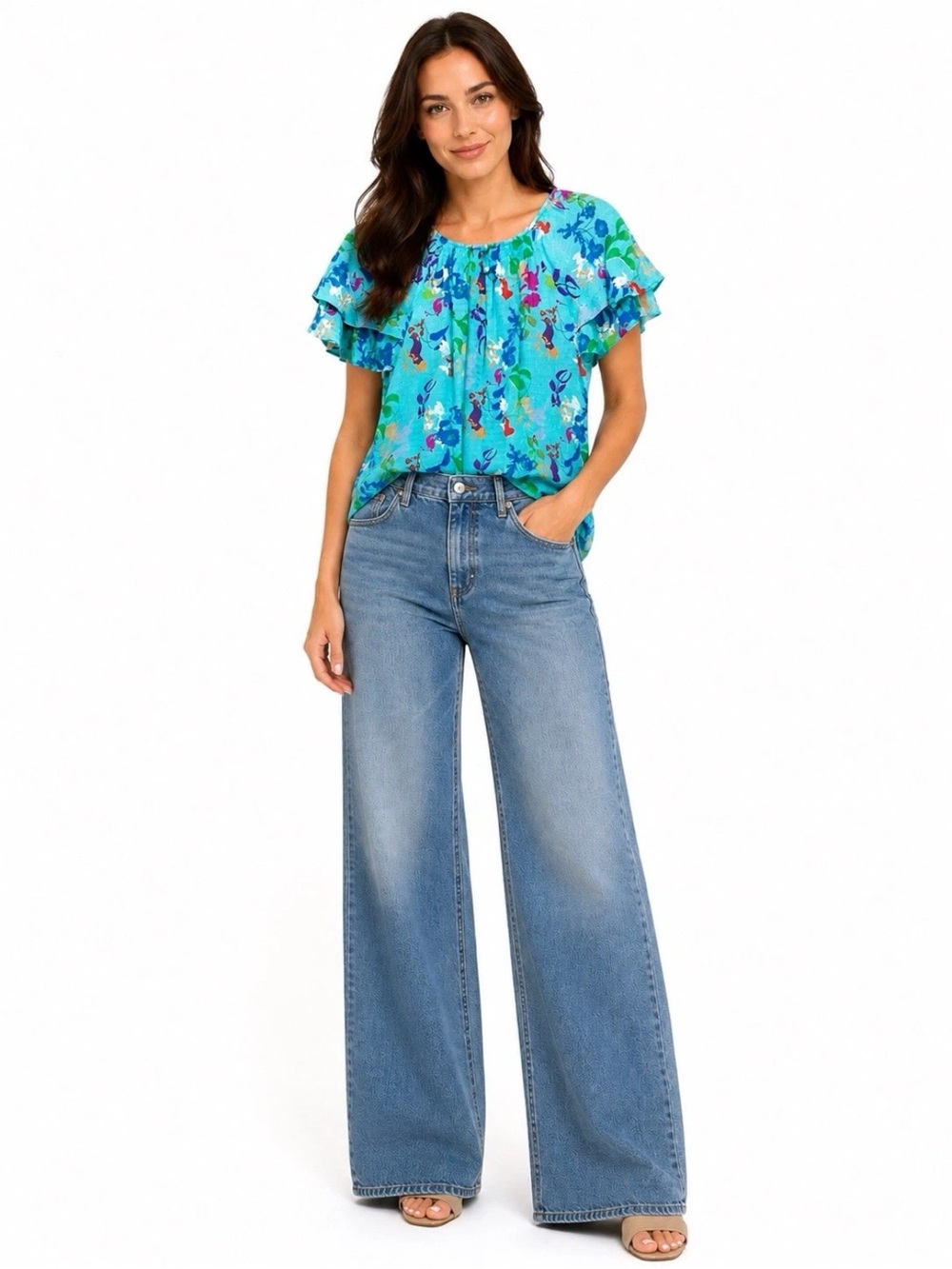 Tanya Taylor Blue Floral Silk Blend Ruffle Short Sleeve Blouse Top Size S